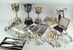 An exstensive collection of silver plated wares, to include modern trophies by Swatkins,