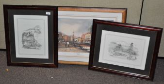 A group of three prints, all framed and glazed, including a harbour scene,