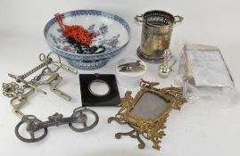 Assorted collectables, to include an 18th century book, a silver plated wine bottle holder,