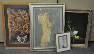 A group of framed pictures and prints, with one being a still life of fruit, most glazed,