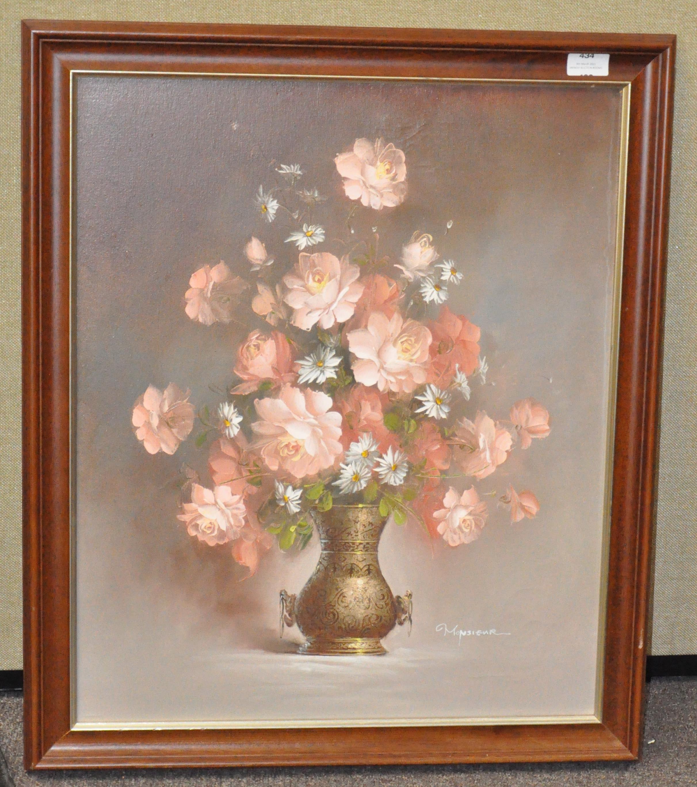 An oil on canvas, Still Life of flowers in an Isnik vase, signed Monsieur lower right,