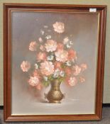 An oil on canvas, Still Life of flowers in an Isnik vase, signed Monsieur lower right,