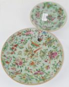 Two Canton porcelain celadon enamelled plates,