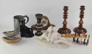 Assorted items, including a large pewter tankard, two mother of pearl shells,