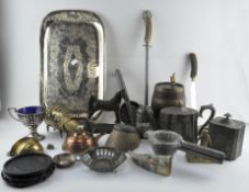 Assorted metalware and collectables, including an oak coopered barrel drink dispenser,