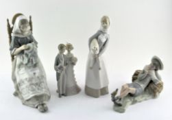 A collection of four Lladro figures, including: a girl holding a sheep and a mother sewing,