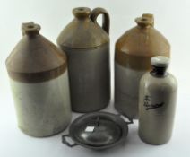 Four brown stoneware flagons, a pewter dish and cover and a fleur-de-lys dish or mould,