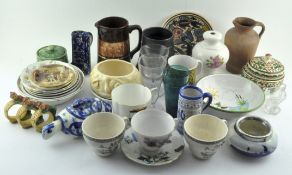 A large collection of assorted ceramics, including Wedgwood, Cornish terracotta Roman style jug,