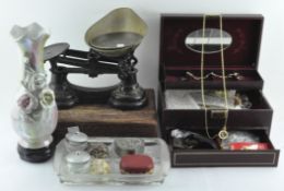 A collection of assorted items, to include a set of scales,
