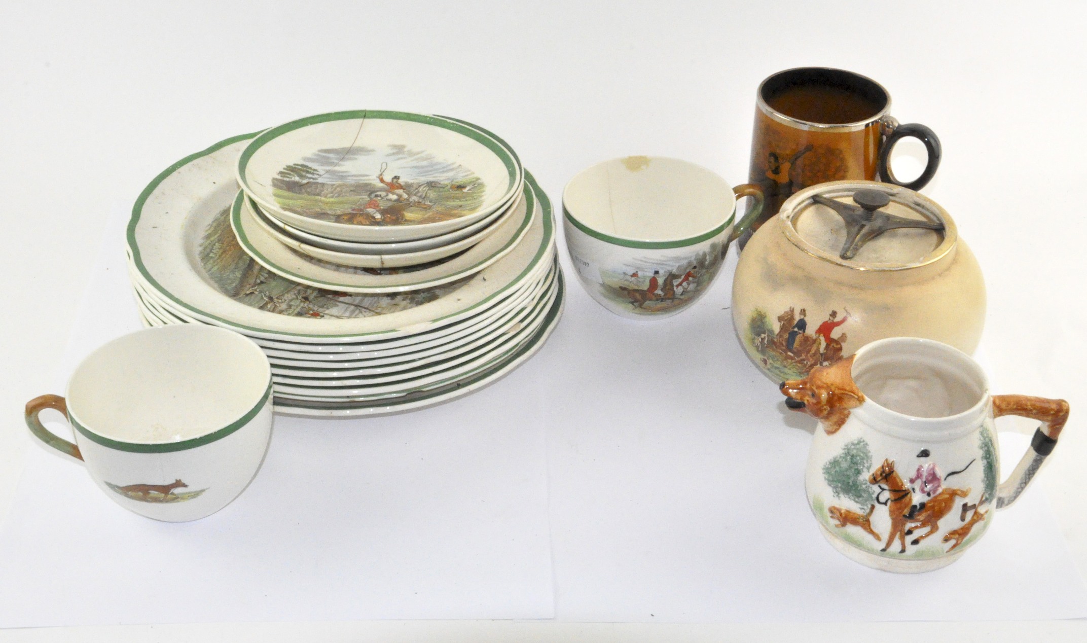 A collection of Copeland Spode ceramics depicting traditional fox hunting scenes,