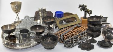 A box of mixed metalware, including: a pierced galleried oval tray, coupes,