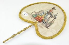 An embroidered Chinese hand fan depiciting a lady in period dress, with gilt handle,