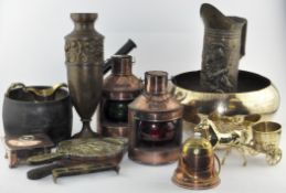 A collection of assorted metalware, to include an Arts and Crafts brass mounted bellows,