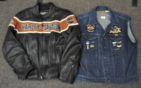 A gentleman's Harley Davidson leather jacket (medium) and a Rustler denim men's waistcoat