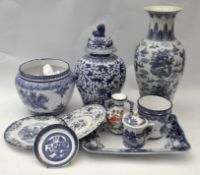 A collection of assorted blue and white china to include a Portuguese marked example,