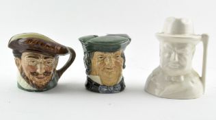 Two Royal Doulton character jugs and a Winston Churchill mug,