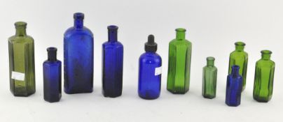 A collection of blue and green poison bottles