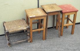 Two wooden stools, turned oak footstool and a plant stand,