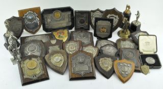 A collection of assorted sporting trophy plaques, including golf,