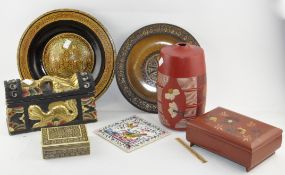 A group of wooden and lacquered items, to include boxes, a bowl with mosaic inlay and other items,