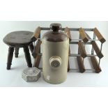 A wine rack, an oak miniature joint stool, a box and other items (one box),