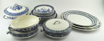 A collection of assorted ceramics, mostly blue and white 'Willow' pattern,