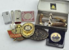 Assorted collectables, including numerous belt buckles, including Honda Goldwing example,