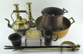 A selection of assorted items, to include brass jam pan, spirit kettle,