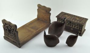 An Indian folding bookshelf, a brass-mounted wooden box and three models wooden birds, 20th century,