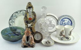 A collection of plates and other ceramics, including a Royal Worcester Mug, cut glass decanter,