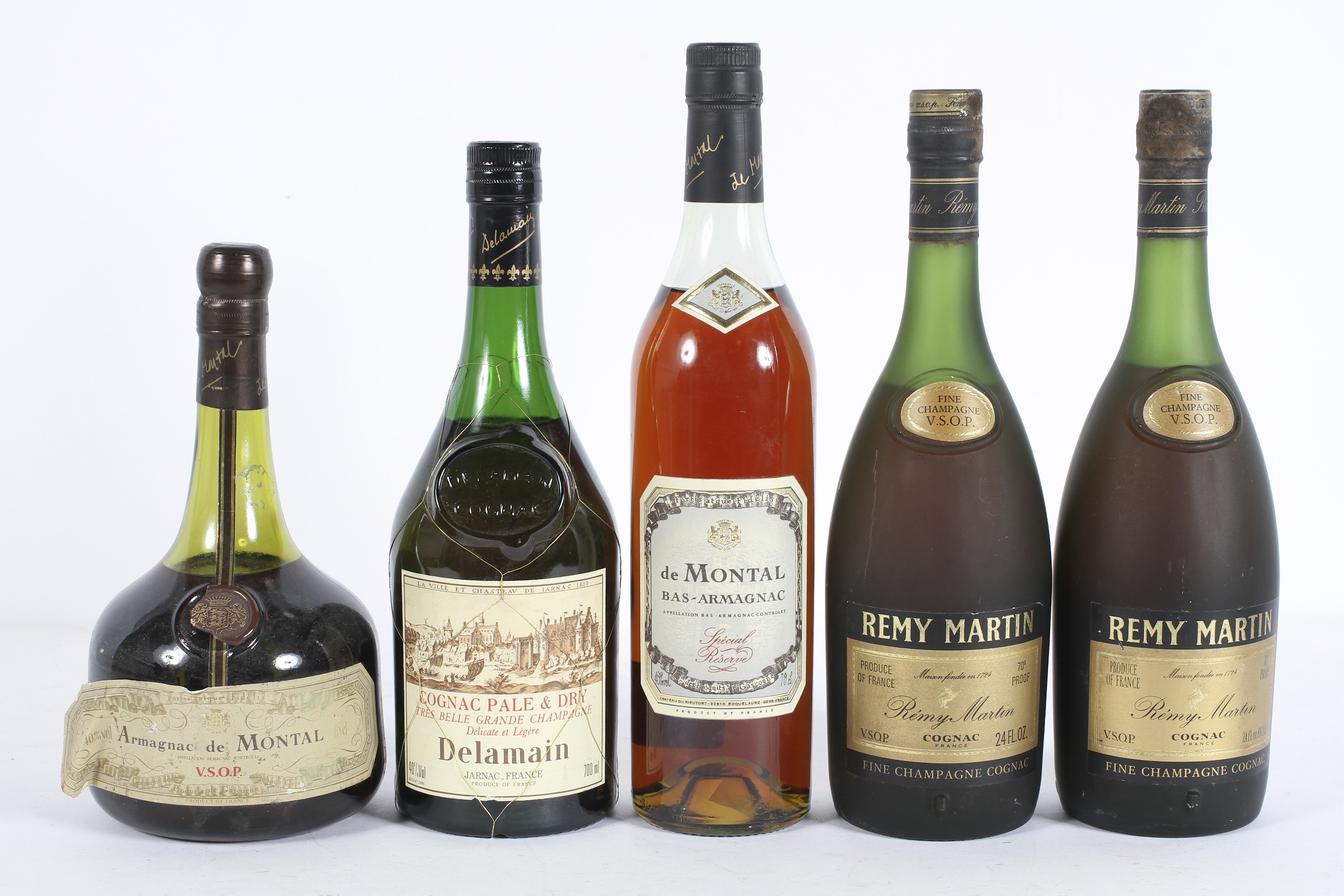 Five bottles of alcohol, to include: Delamain Cognac Pale and Dry, 40% proof,