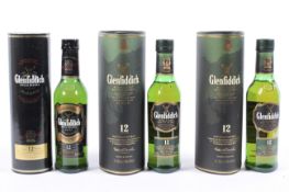 Whisky: three half bottles of Glenfiddich, 12 year old whisky, in card tubes, 35cl,