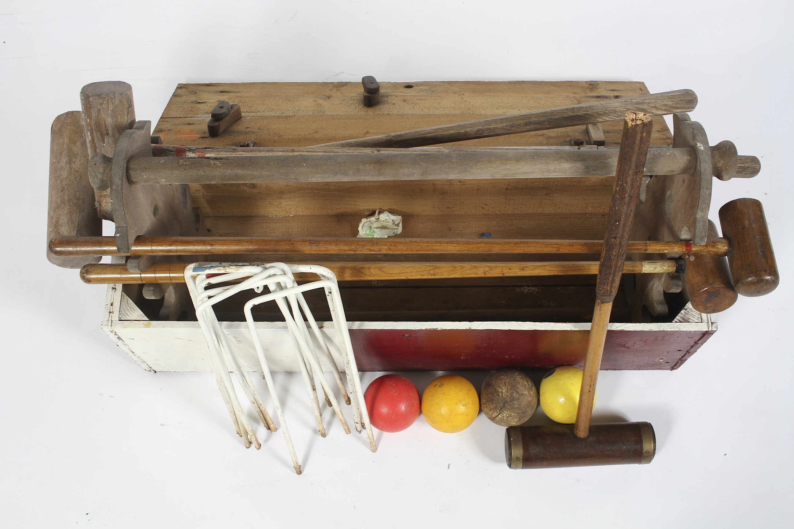 A collection of vintage wooden croquet items, to include a brass-mounted mallet and others, balls, - Image 2 of 2