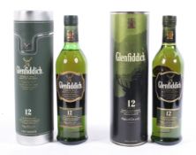 Whisky: Two bottles of Glenfiddich Single Malt whisky, 12 years old, one in a leather effect case,