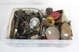 A box of assorted fishing tackle and parts, reels, rod fittings, line spools,