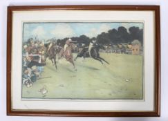 A horse racing print, after Cecil Aldin, 1901, framed,