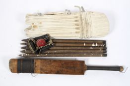 Assorted vintage cricket items, to include batting pads, cricket ball, wickets, batting glove,