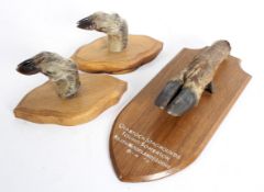 Three items of taxidermy including a stag's hoof on oak mount inscribed for 'Quantock Staghounds