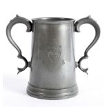 A pewter two-handled rowing trophy cup, engraved with Cains College, Senior Trial Eights,