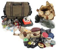 Assorted fishing related items, including a Brady canvas bag, flies,