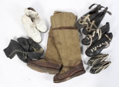 Six assorted pairs of vintage sporting boots, including: canvas snow boots, football, golf, boxing,