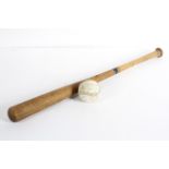 A vintage wooden baseball bat and white leather ball,