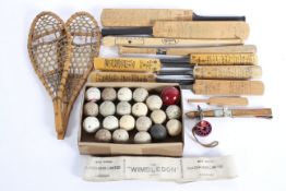 A collection of miniature sporting equipment, to include two 1966 season signed cricket bats,