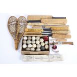 A collection of miniature sporting equipment, to include two 1966 season signed cricket bats,