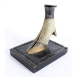 A stag hoof inkwell with silver coloured hinged top, circa 1900, on ebonised plinth base,