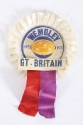 A 1973 Wembley GB rugby rosette and a vintage wooden clacker, the clacker,