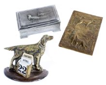 An early 20th century metal cigar box and hinged cover, with pheasant decoration and other items