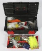 Assorted fishing items, including a large collection of flies in assorted boxes,