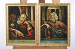 St Mark and St Matthew, a pair of prints and painting on glass,