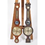A George III mahogany and boxwood wheel barometer, with silvered dials,